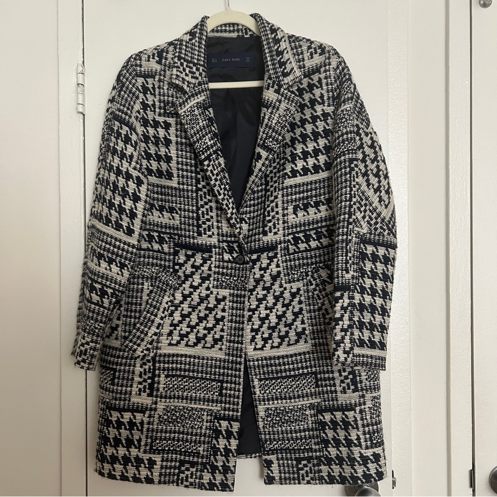 Zara Women’s Single Button Wool Fashion Topper Coat in Navy & Ivory (Size M)